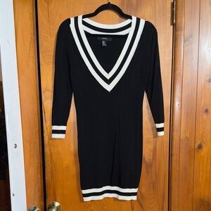 Black V-Neck Sweater Dress with White Stripe Trim
